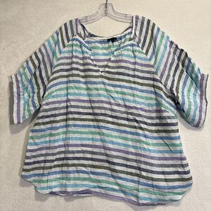 Talbots Plus Women's 3X Striped Linen Short Sleeve Top V Split Neck Blouse Shirt